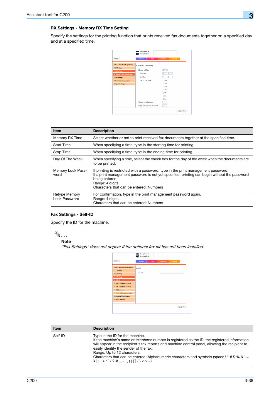 Rx settings - memory rx time setting, Fax settings - self-id | Konica Minolta bizhub C200 User Manual | Page 133 / 167