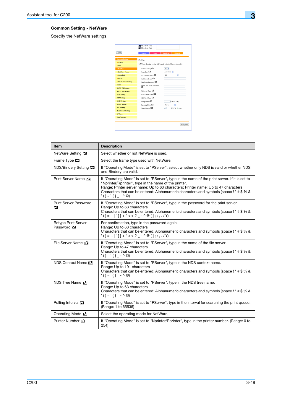 Common setting - netware, Common setting - netware -48 | Konica Minolta bizhub C200 User Manual | Page 143 / 167