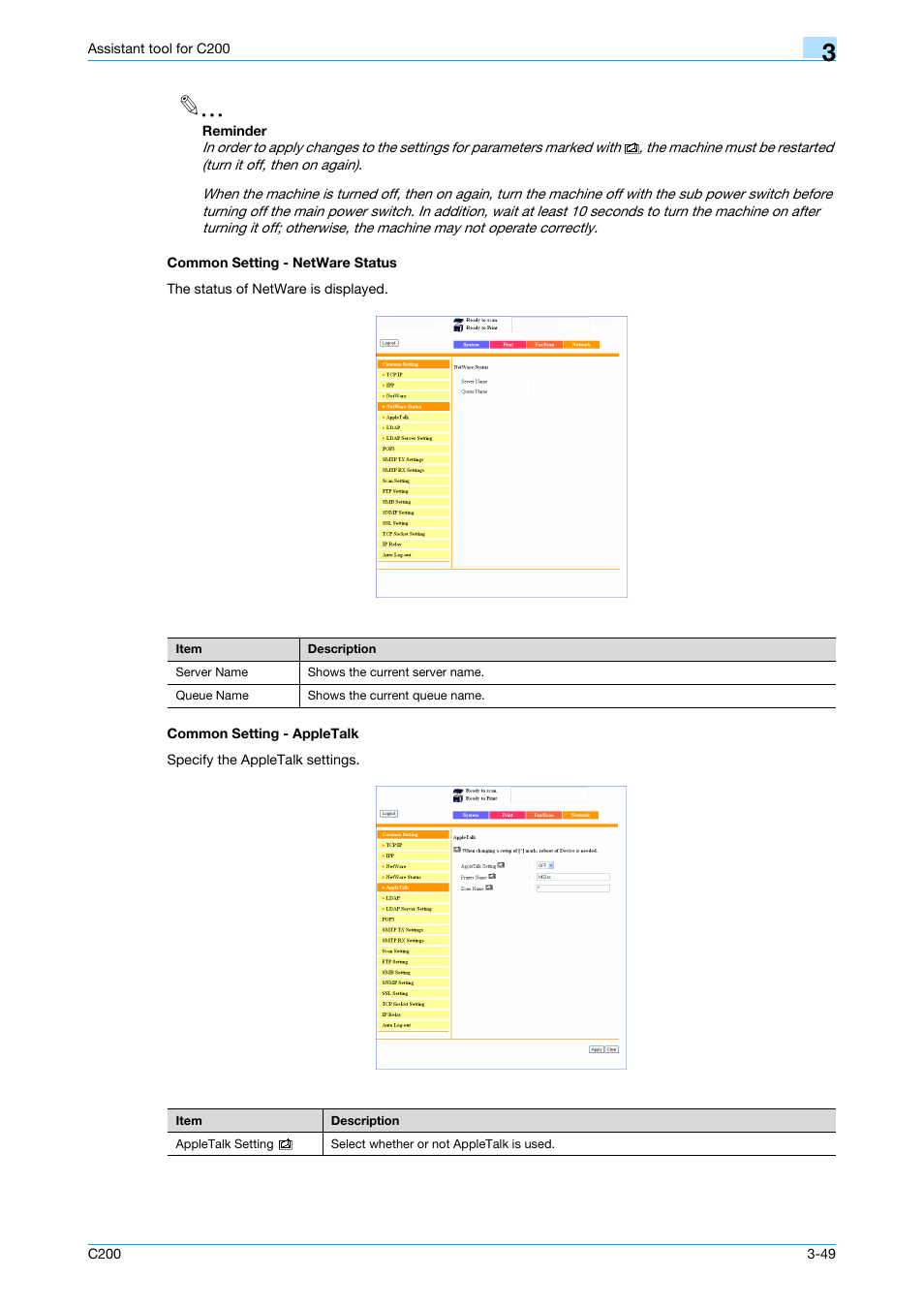Common setting - netware status, Common setting - appletalk | Konica Minolta bizhub C200 User Manual | Page 144 / 167