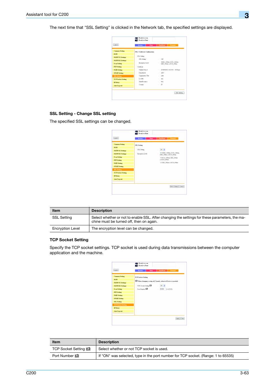 Ssl setting - change ssl setting, Tcp socket setting | Konica Minolta bizhub C200 User Manual | Page 158 / 167