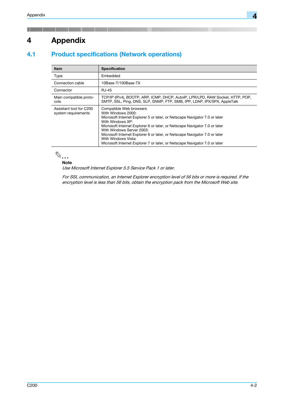 4 appendix, 1 product specifications (network operations), Appendix | Product specifications (network operations) -2, Chapter 4 appendix, 4appendix | Konica Minolta bizhub C200 User Manual | Page 163 / 167