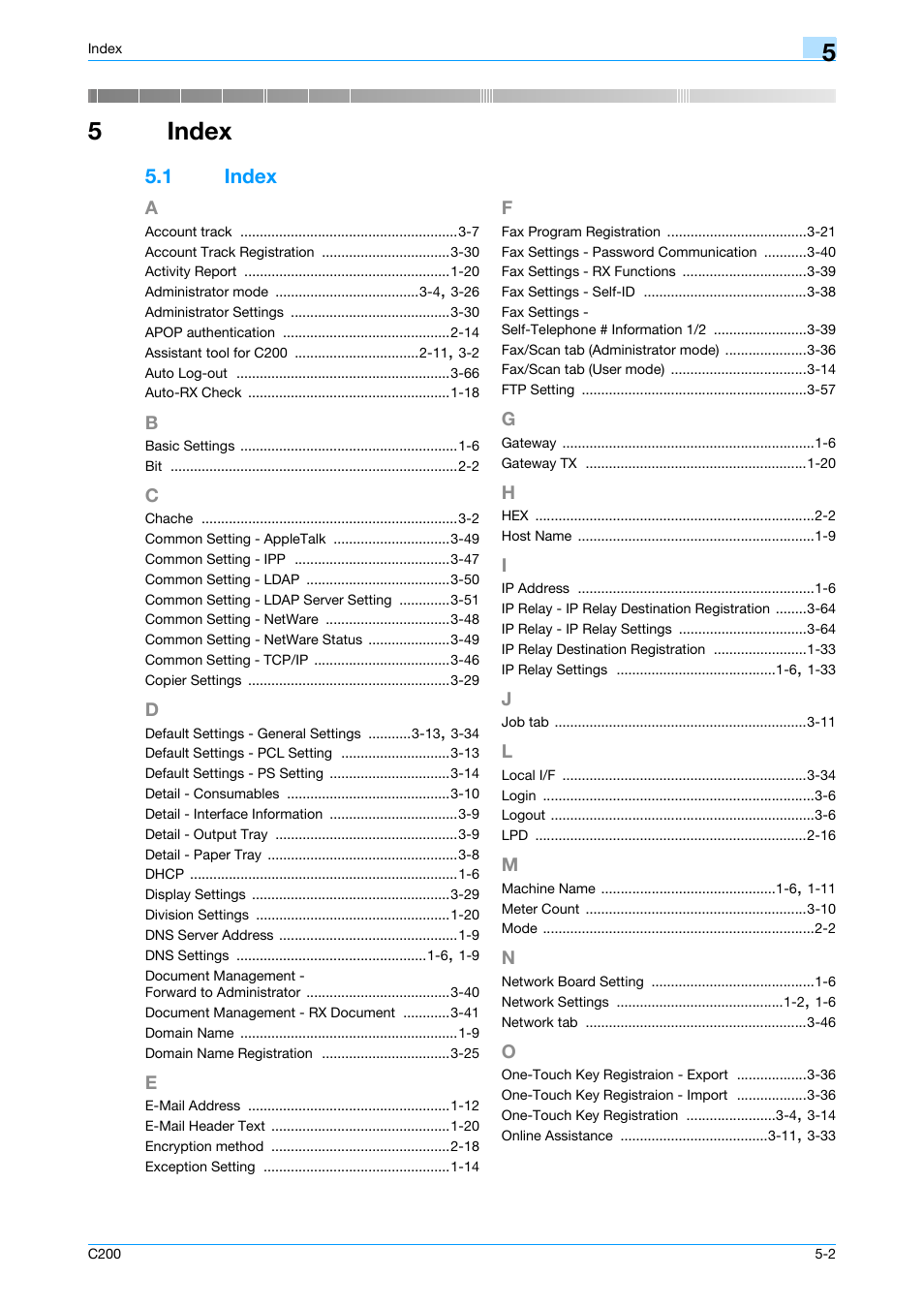5 index, 1 index, A to o | Index, Index -2, Chapter 5 index, 5index | Konica Minolta bizhub C200 User Manual | Page 165 / 167