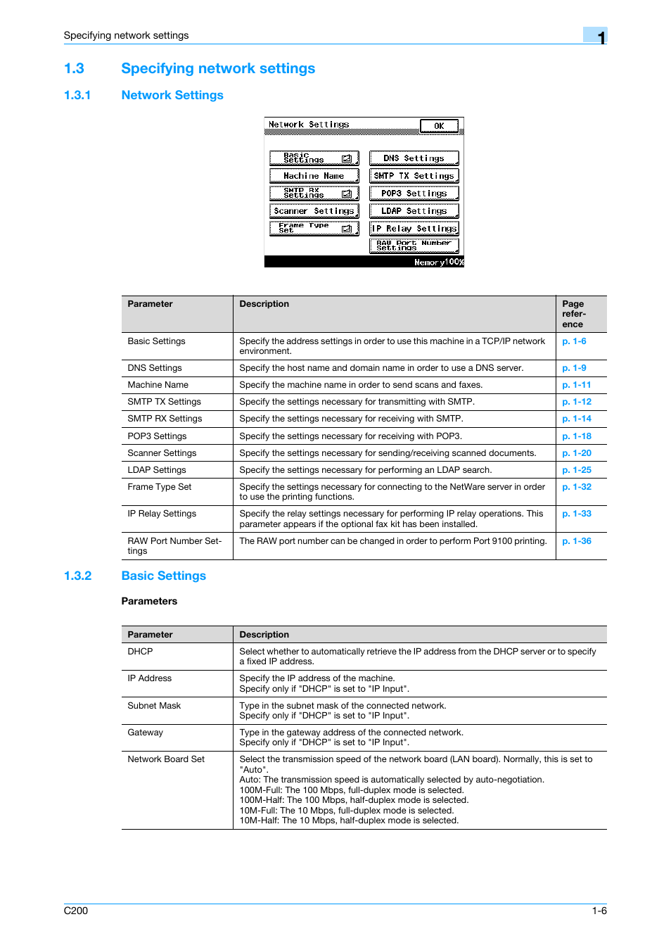 3 specifying network settings, 1 network settings, 2 basic settings | Parameters, Specifying network settings -6, Network settings -6, Basic settings -6 parameters -6, 1 network settings 1.3.2 basic settings | Konica Minolta bizhub C200 User Manual | Page 17 / 167