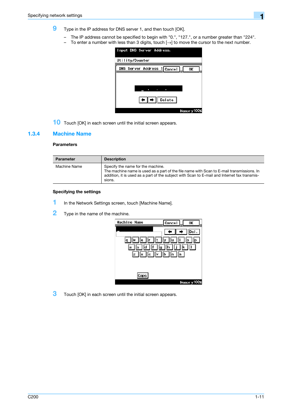 4 machine name, Parameters, Specifying the settings | P. 1-11 | Konica Minolta bizhub C200 User Manual | Page 22 / 167