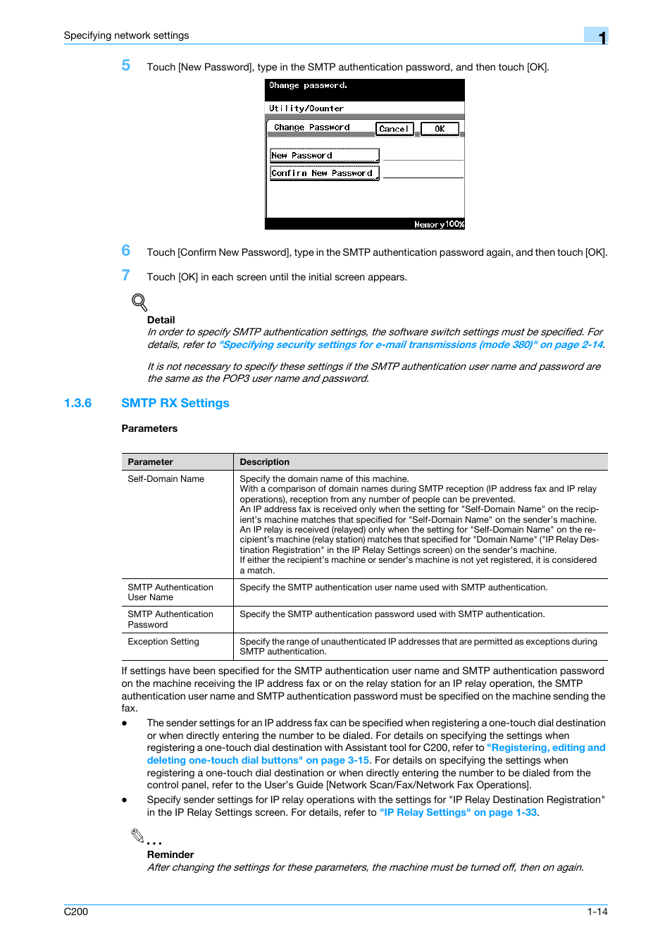 6 smtp rx settings, Parameters, Smtp rx settings -14 parameters -14 | P. 1-14 | Konica Minolta bizhub C200 User Manual | Page 25 / 167