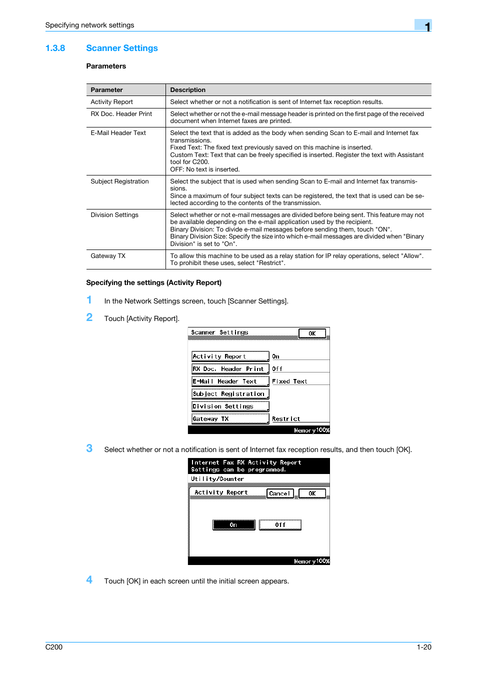 8 scanner settings, Parameters, Specifying the settings (activity report) | P. 1-20 | Konica Minolta bizhub C200 User Manual | Page 31 / 167