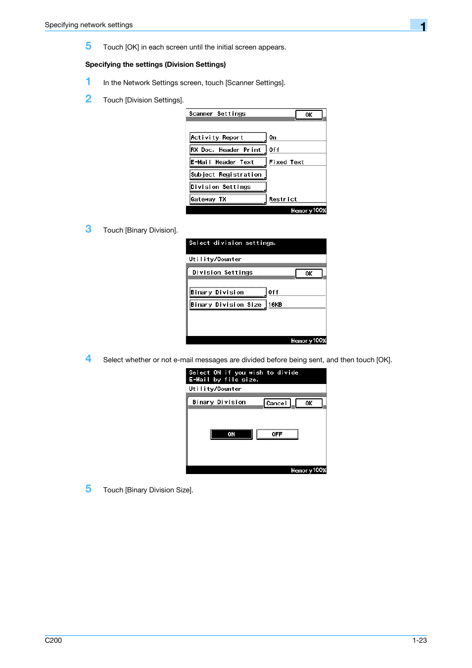 Specifying the settings (division settings), Specifying the settings (division settings) -23 | Konica Minolta bizhub C200 User Manual | Page 34 / 167
