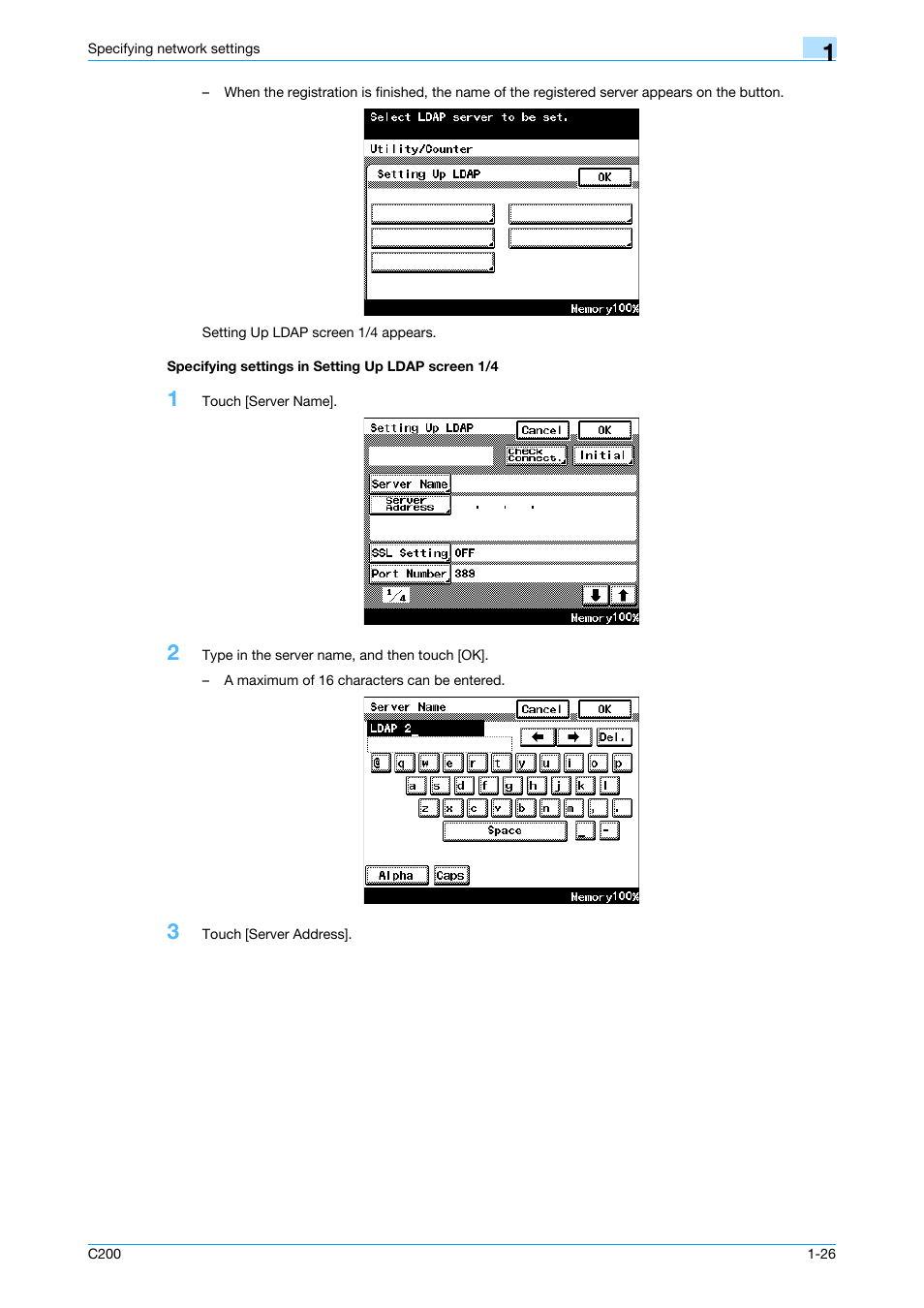 Specifying settings in setting up ldap screen 1/4 | Konica Minolta bizhub C200 User Manual | Page 37 / 167