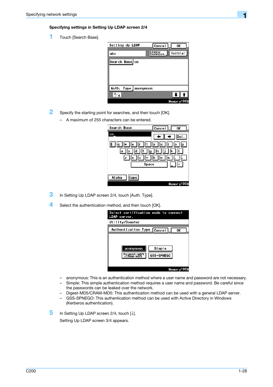 Specifying settings in setting up ldap screen 2/4 | Konica Minolta bizhub C200 User Manual | Page 39 / 167