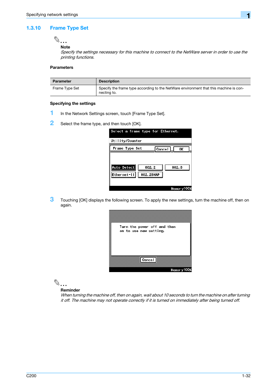 10 frame type set, Parameters, Specifying the settings | P. 1-32 | Konica Minolta bizhub C200 User Manual | Page 43 / 167