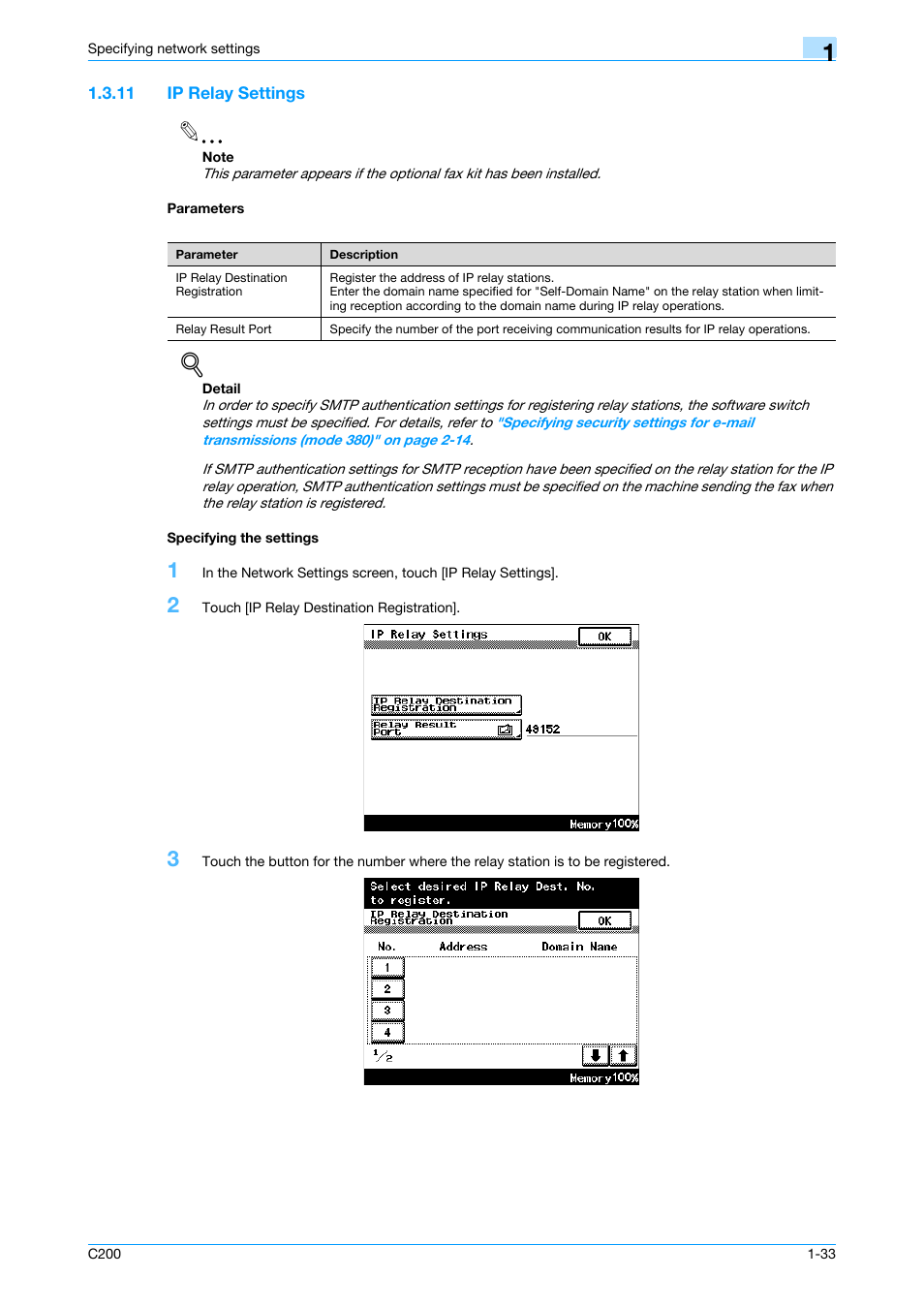 11 ip relay settings, Parameters, Specifying the settings | Ip relay settings -33 parameters -33, Specifying the settings -33, P. 1-33 | Konica Minolta bizhub C200 User Manual | Page 44 / 167