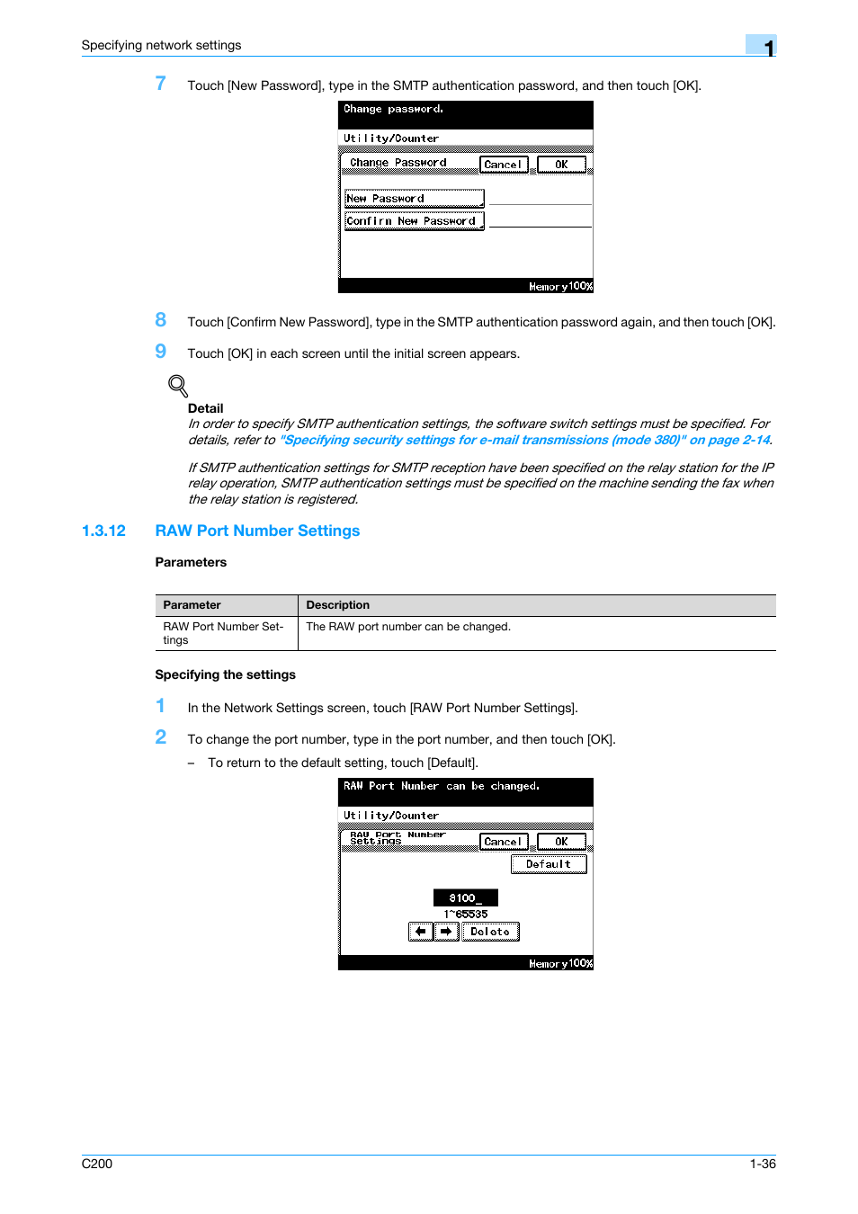 12 raw port number settings, Parameters, Specifying the settings | P. 1-36 | Konica Minolta bizhub C200 User Manual | Page 47 / 167