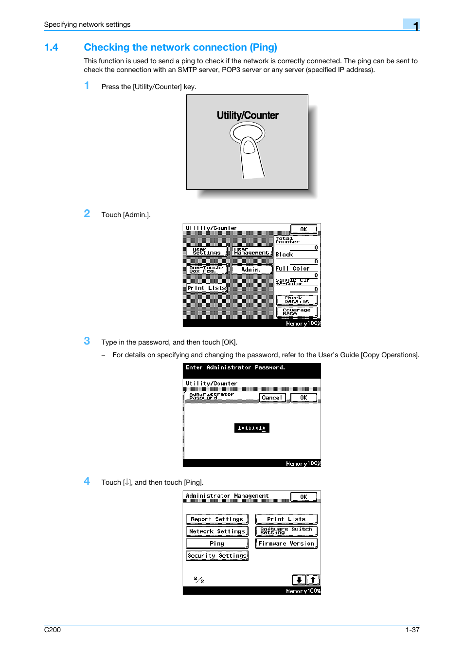 4 checking the network connection (ping), Checking the network connection (ping) -37 | Konica Minolta bizhub C200 User Manual | Page 48 / 167