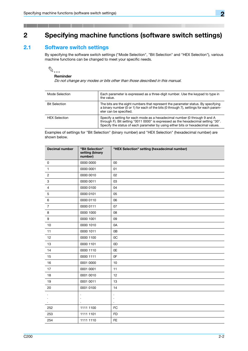 1 software switch settings, Software switch settings -2 | Konica Minolta bizhub C200 User Manual | Page 51 / 167