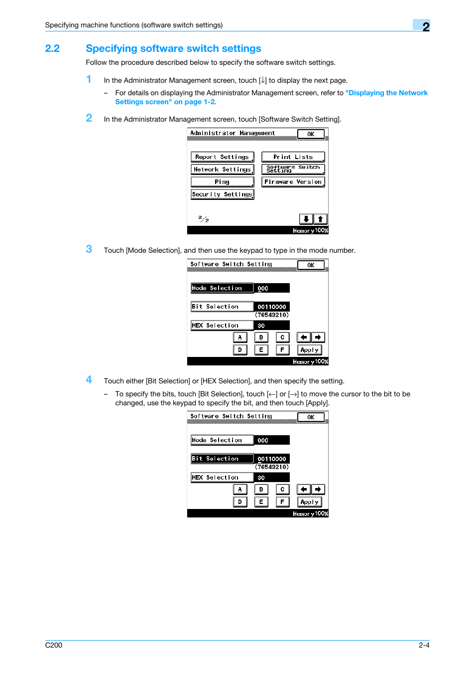 2 specifying software switch settings, Specifying software switch settings -4 | Konica Minolta bizhub C200 User Manual | Page 53 / 167