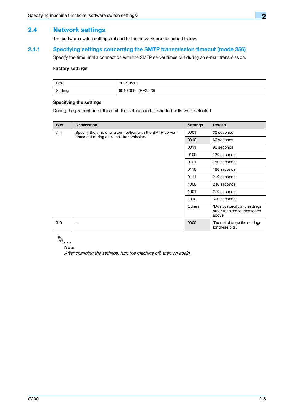 4 network settings, Factory settings, Specifying the settings | Network settings -8, P. 2-8 | Konica Minolta bizhub C200 User Manual | Page 57 / 167