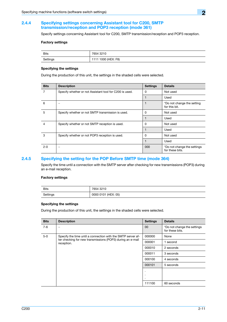 Factory settings, Specifying the settings, Tails, refer to | P. 2-11 | Konica Minolta bizhub C200 User Manual | Page 60 / 167