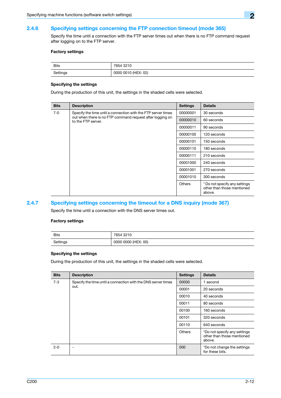 Factory settings, Specifying the settings, P. 2-12 | Konica Minolta bizhub C200 User Manual | Page 61 / 167