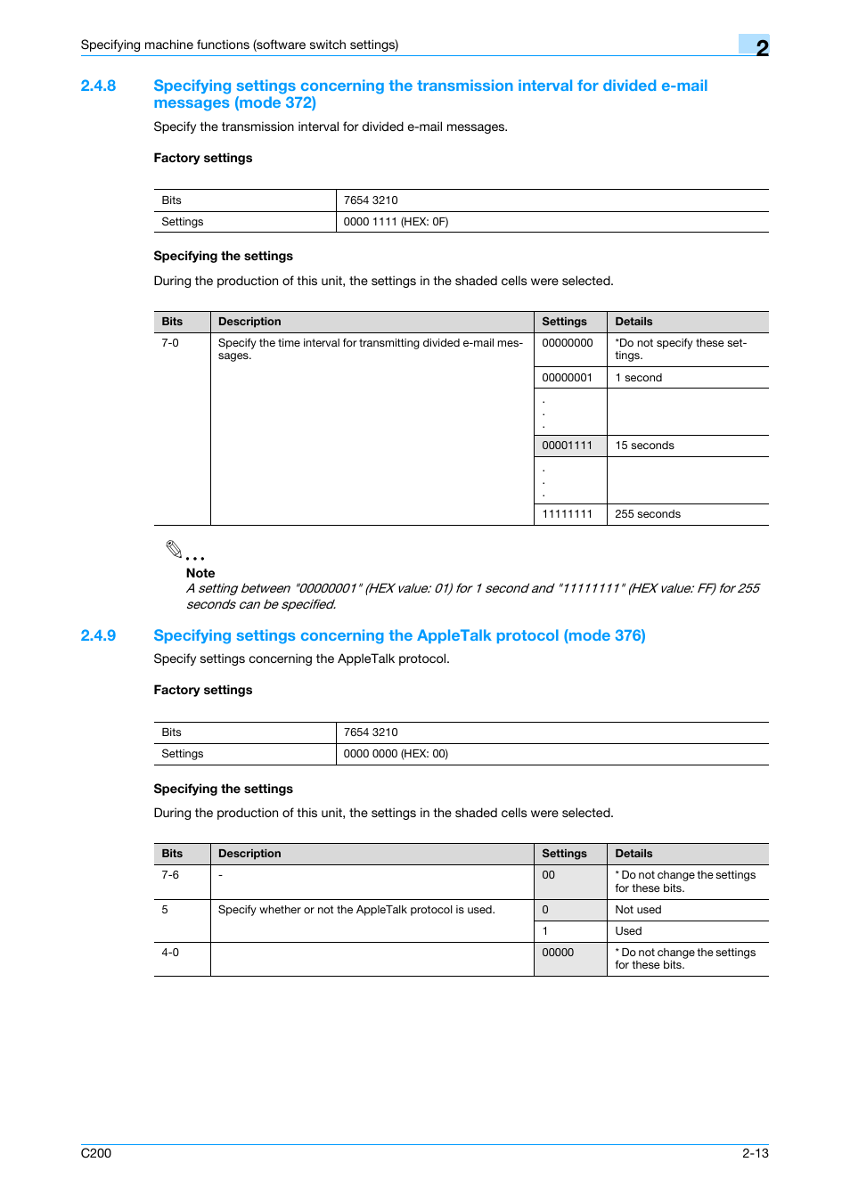 Factory settings, Specifying the settings, Tails, refer to | P. 2-13 | Konica Minolta bizhub C200 User Manual | Page 62 / 167