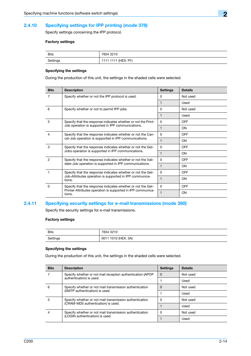 10 specifying settings for ipp printing (mode 378), Factory settings, Specifying the settings | Tails, refer to, Specifying security settings for e-mail, P. 2-14 | Konica Minolta bizhub C200 User Manual | Page 63 / 167