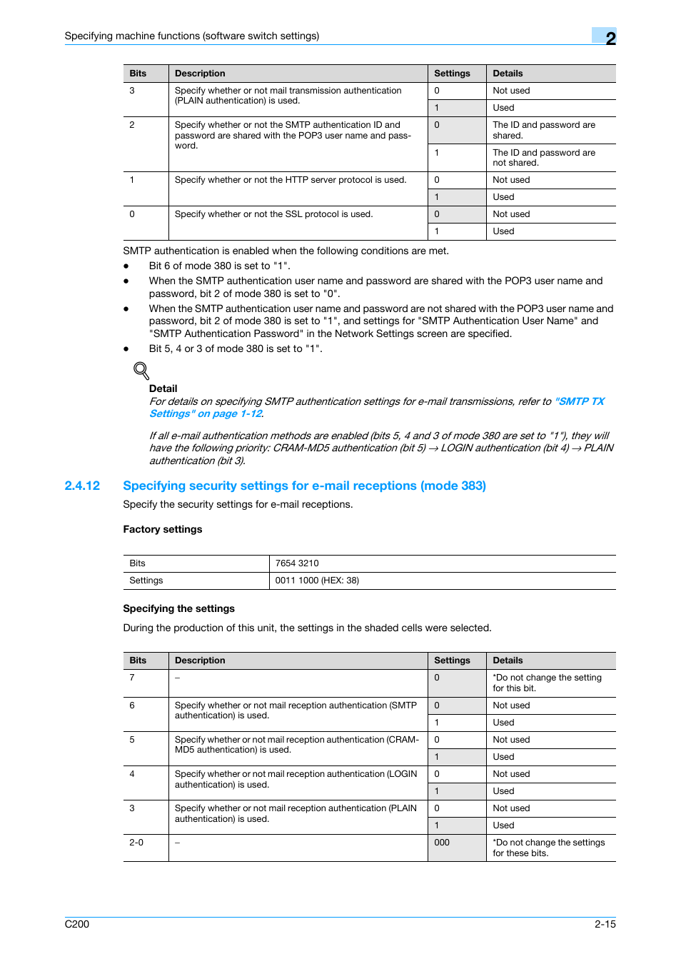 Factory settings, Specifying the settings, Tails, refer to | P. 2-15 | Konica Minolta bizhub C200 User Manual | Page 64 / 167