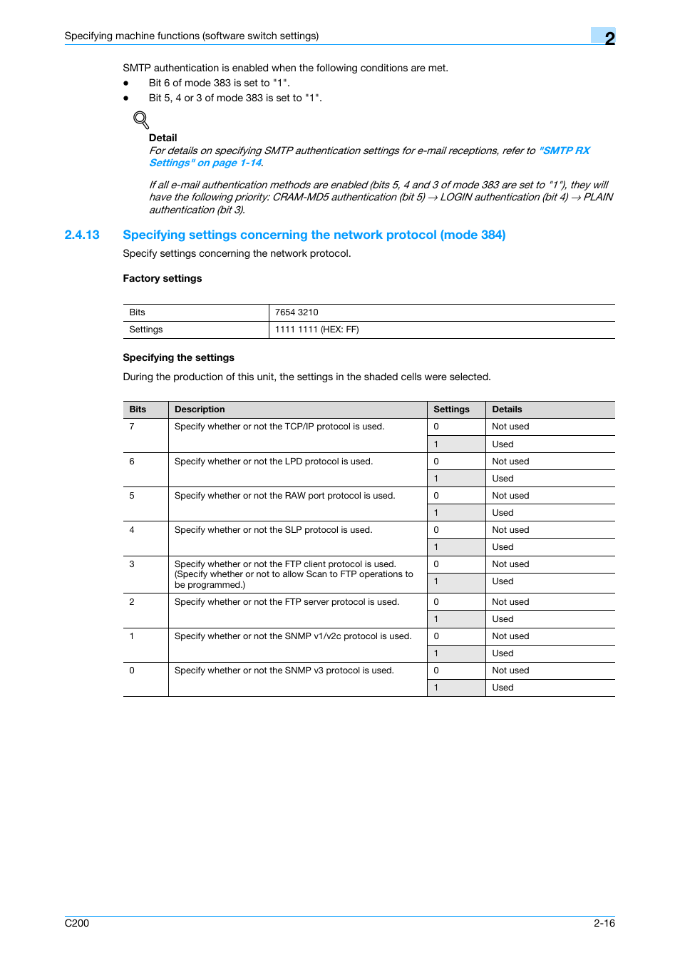 Factory settings, Specifying the settings, P. 2-16 | Konica Minolta bizhub C200 User Manual | Page 65 / 167