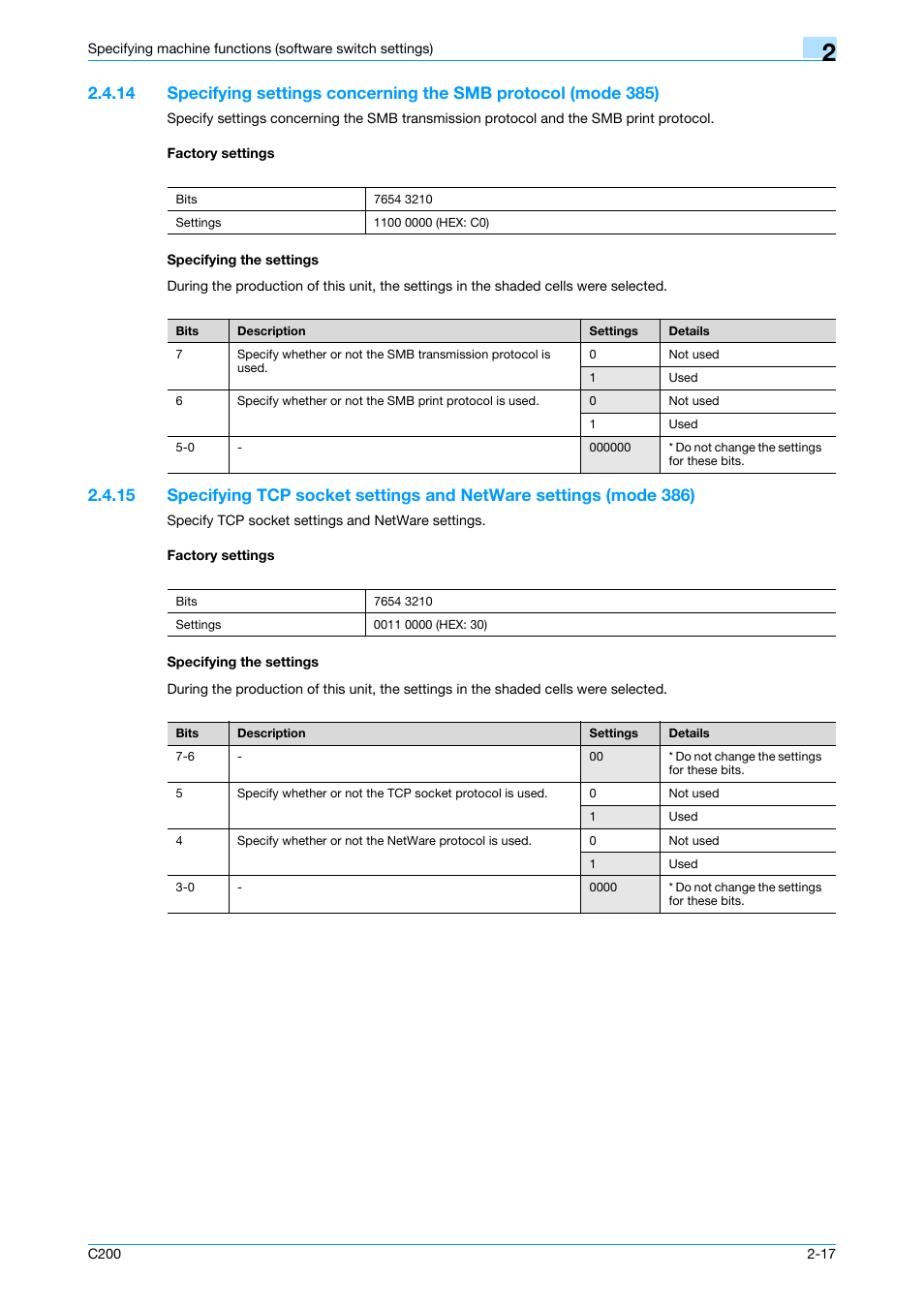 Factory settings, Specifying the settings, Specifying the settings -17 | P. 2-17 | Konica Minolta bizhub C200 User Manual | Page 66 / 167