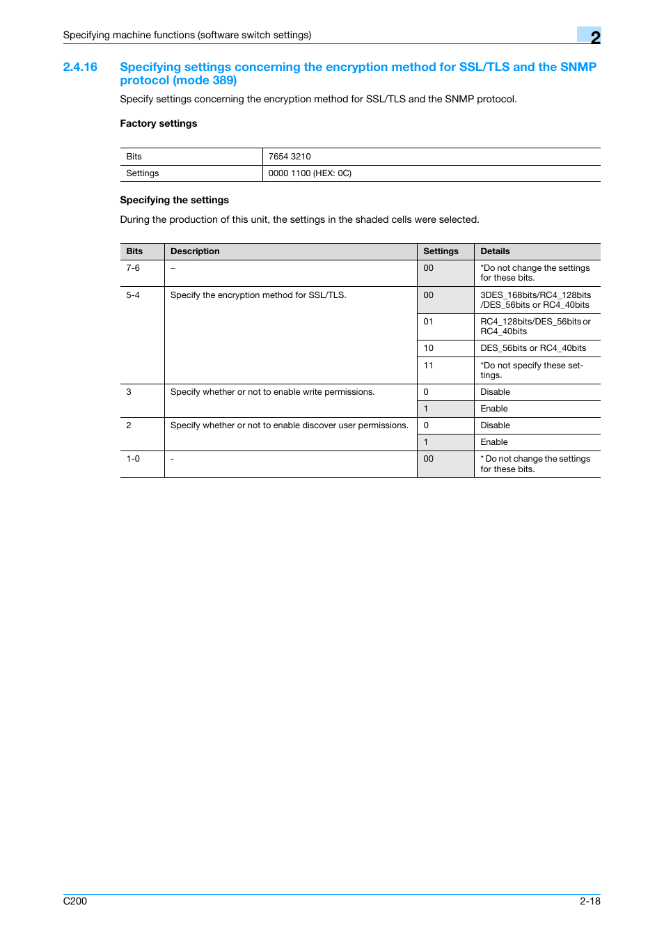 Factory settings, Specifying the settings, P. 2-18 | Konica Minolta bizhub C200 User Manual | Page 67 / 167