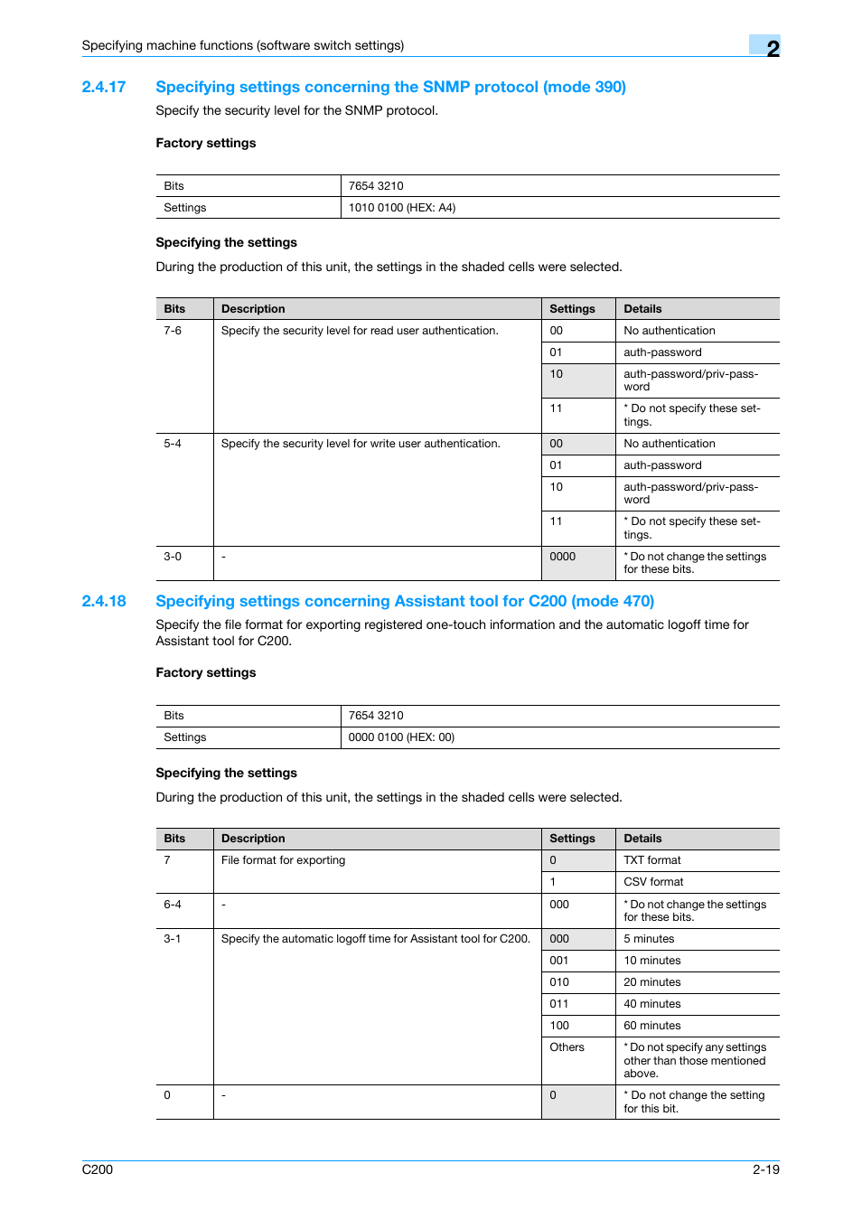 Factory settings, Specifying the settings, P. 2-19 | Konica Minolta bizhub C200 User Manual | Page 68 / 167