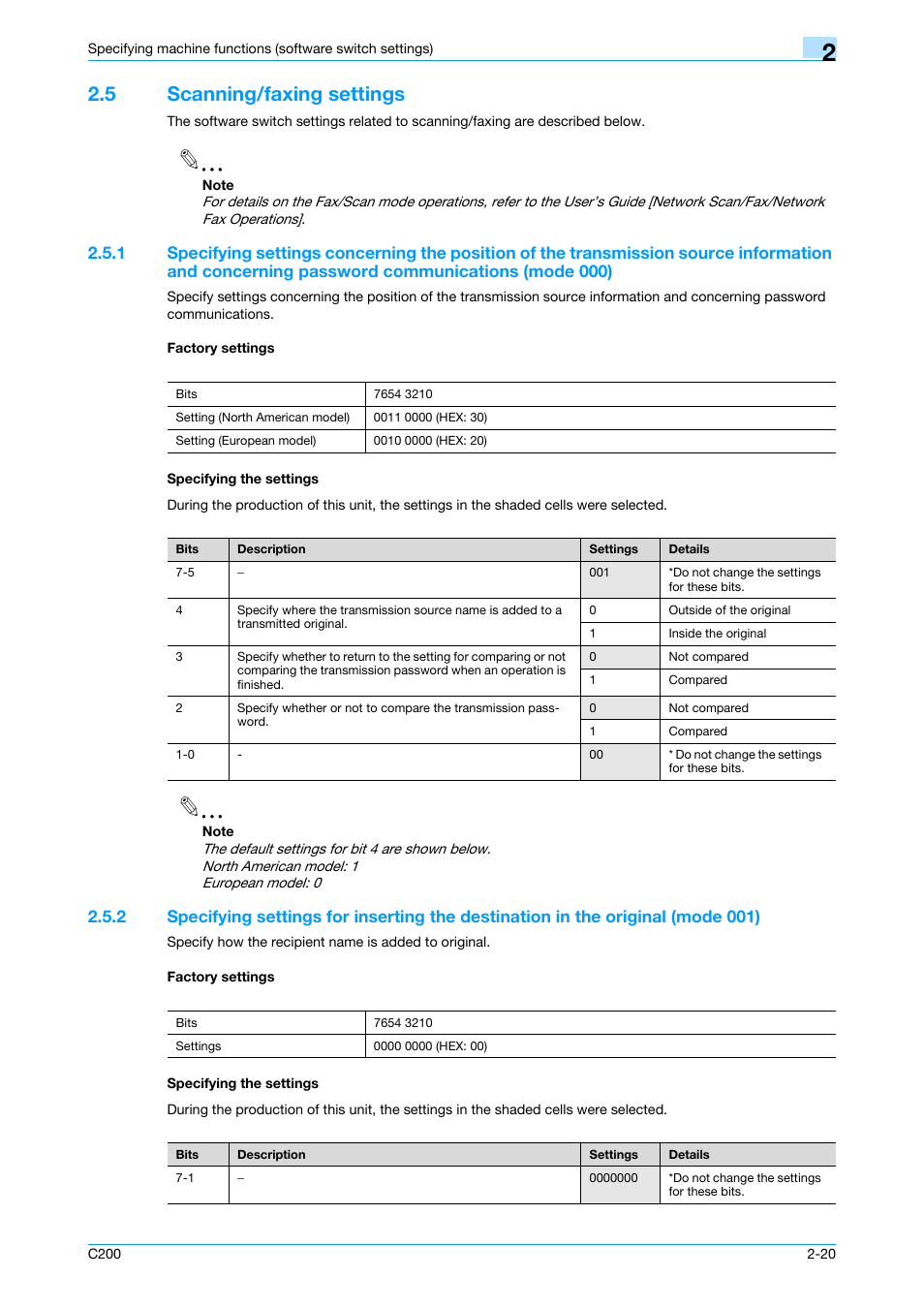 5 scanning/faxing settings, Factory settings, Specifying the settings | Scanning/faxing settings -20, P. 2-20 | Konica Minolta bizhub C200 User Manual | Page 69 / 167