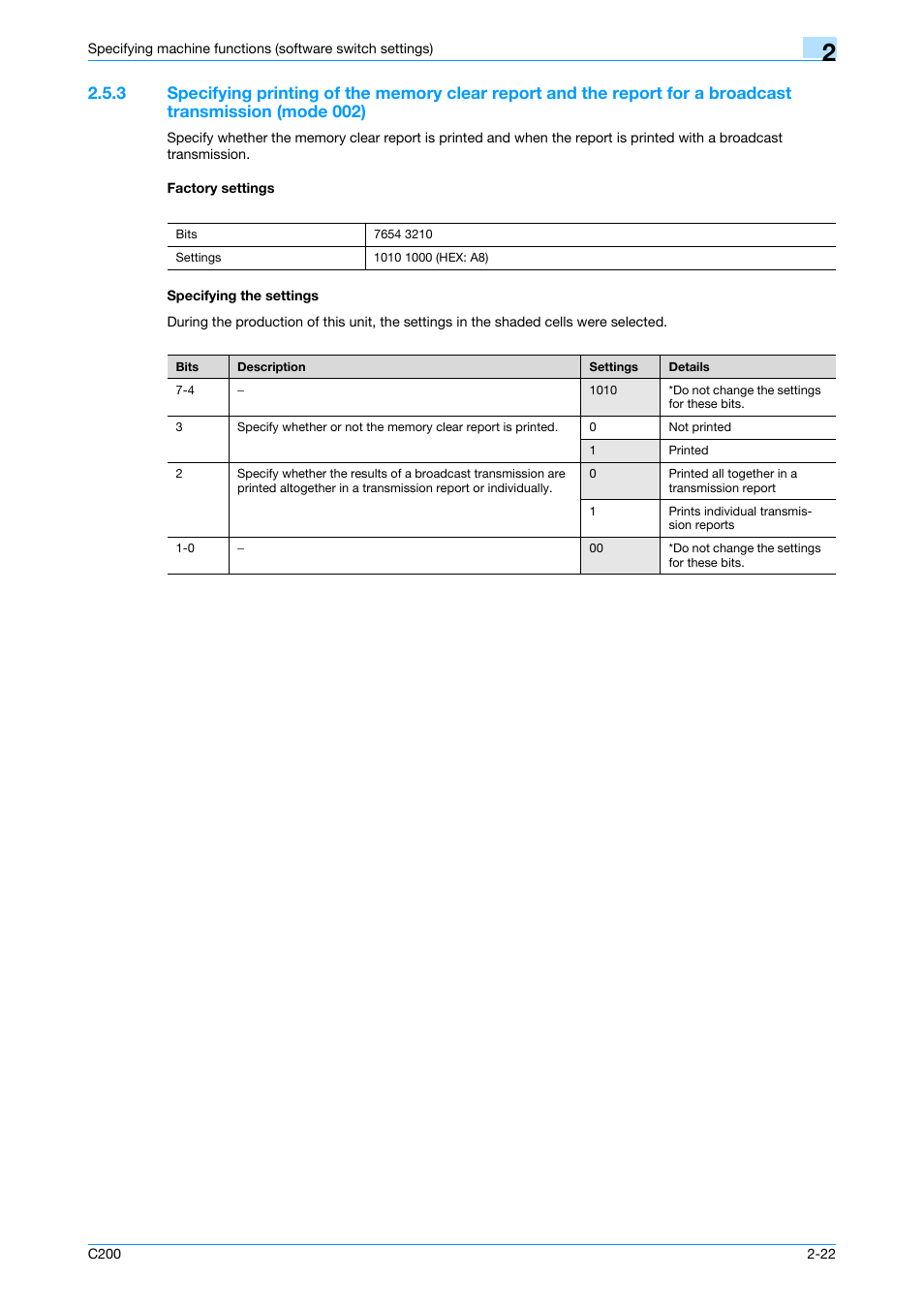 Factory settings, Specifying the settings, P. 2-22 | Konica Minolta bizhub C200 User Manual | Page 71 / 167