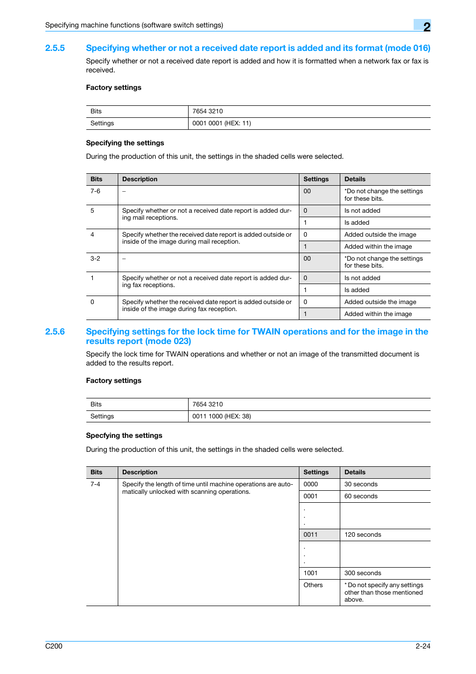 Factory settings, Specifying the settings, Specfying the settings | P. 2-24 | Konica Minolta bizhub C200 User Manual | Page 73 / 167