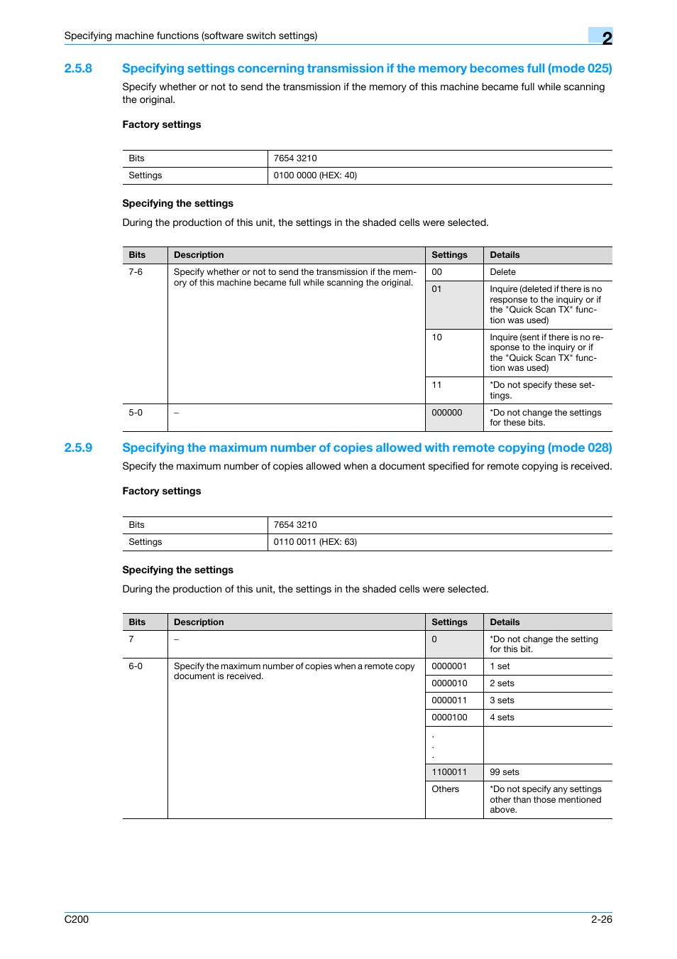 Factory settings, Specifying the settings, P. 2-26 | Konica Minolta bizhub C200 User Manual | Page 75 / 167