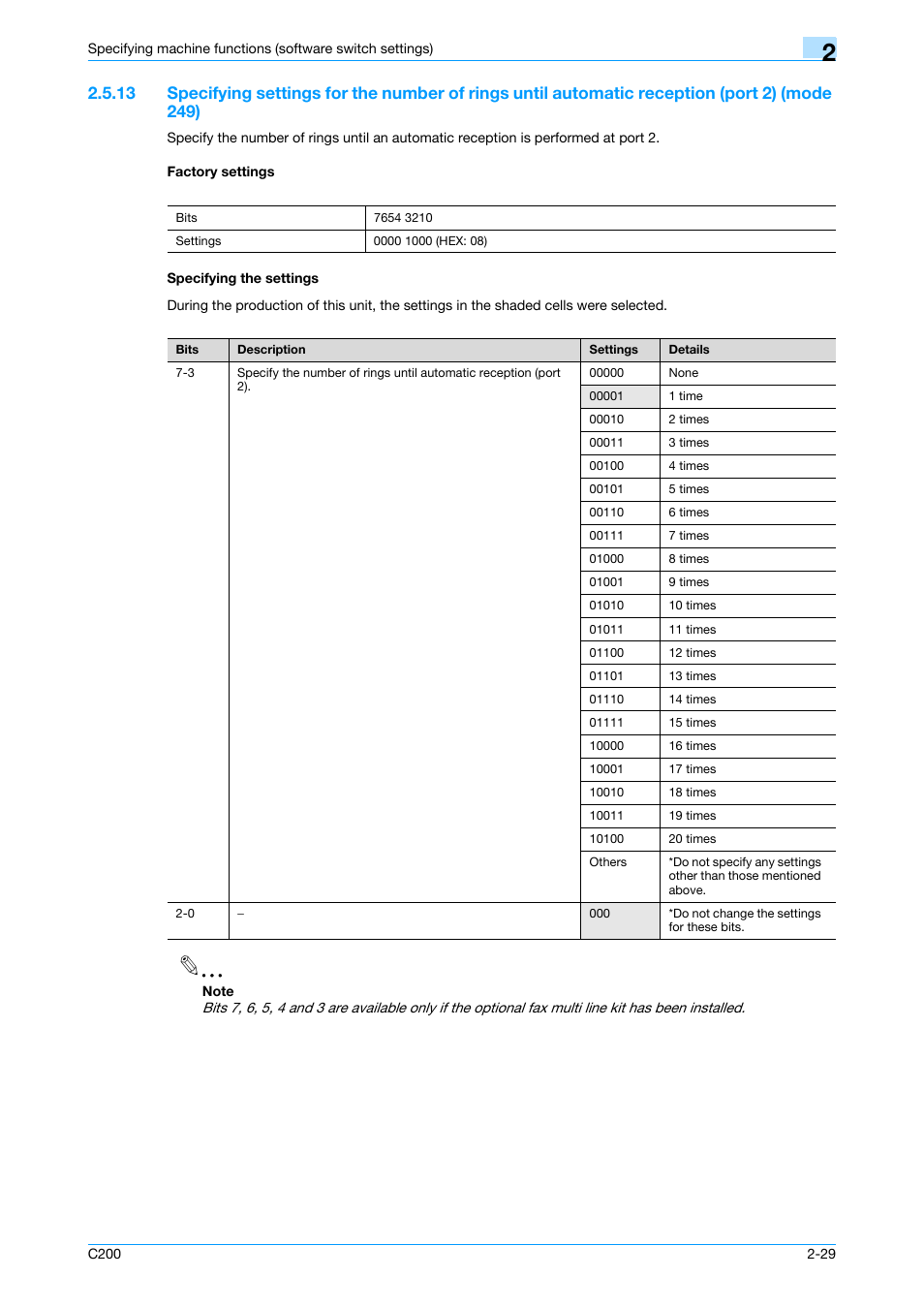 Factory settings, Specifying the settings, P. 2-29 | Konica Minolta bizhub C200 User Manual | Page 78 / 167