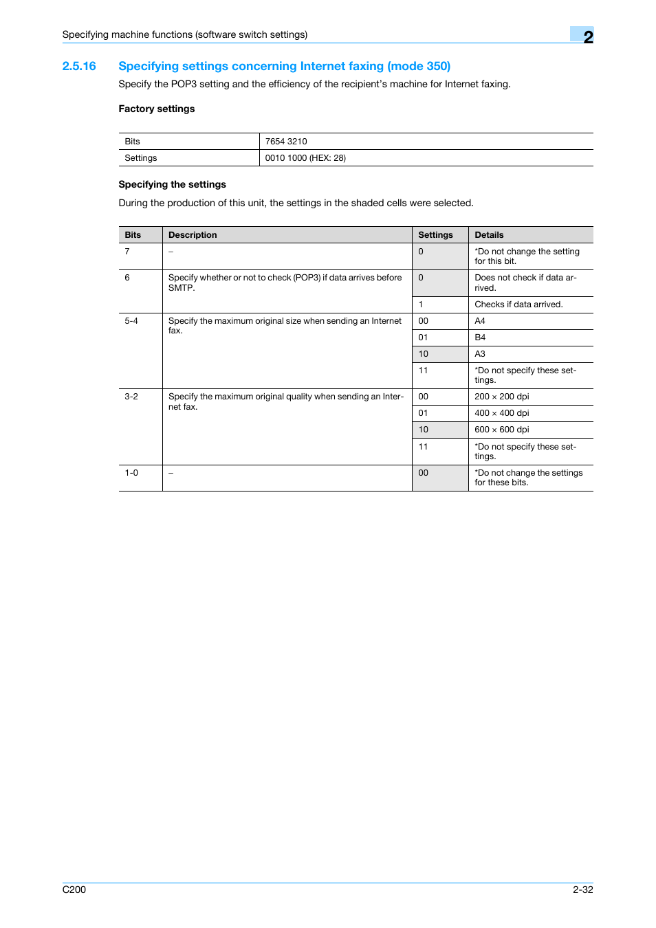Factory settings, Specifying the settings, P. 2-32 | Konica Minolta bizhub C200 User Manual | Page 81 / 167