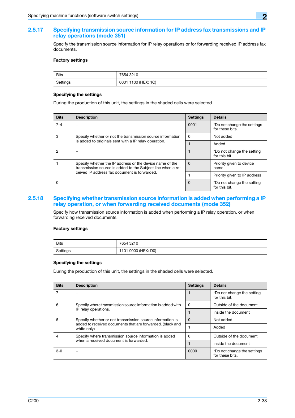 Factory settings, Specifying the settings, P. 2-33 | Konica Minolta bizhub C200 User Manual | Page 82 / 167