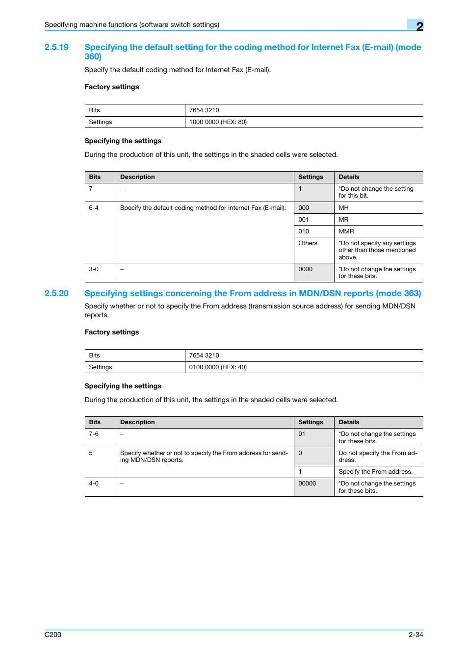 Factory settings, Specifying the settings, P. 2-34 | Konica Minolta bizhub C200 User Manual | Page 83 / 167