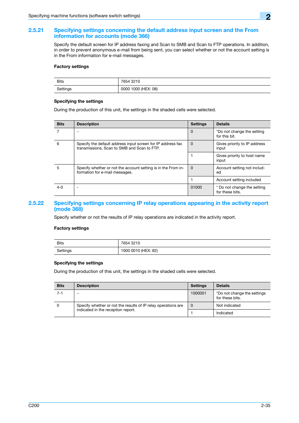 Factory settings, Specifying the settings, P. 2-35 | Konica Minolta bizhub C200 User Manual | Page 84 / 167