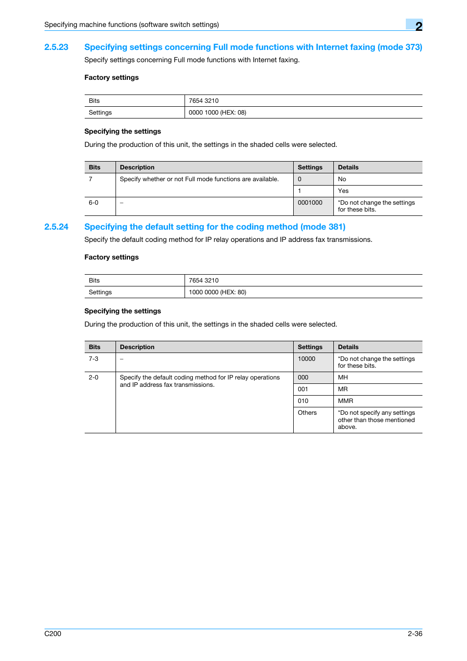 Factory settings, Specifying the settings, P. 2-36 | Konica Minolta bizhub C200 User Manual | Page 85 / 167
