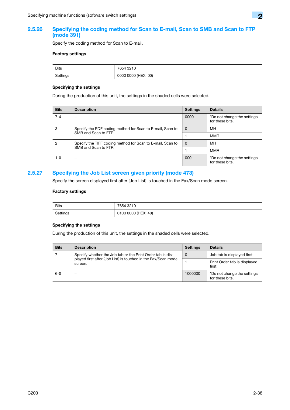 Factory settings, Specifying the settings, P. 2-38 | Konica Minolta bizhub C200 User Manual | Page 87 / 167