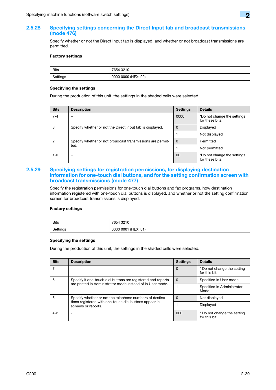 Factory settings, Specifying the settings, P. 2-39 | Konica Minolta bizhub C200 User Manual | Page 88 / 167