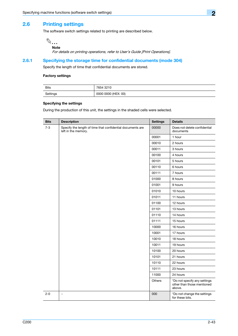 6 printing settings, Factory settings, Specifying the settings | Printing settings -43, P. 2-43 | Konica Minolta bizhub C200 User Manual | Page 92 / 167