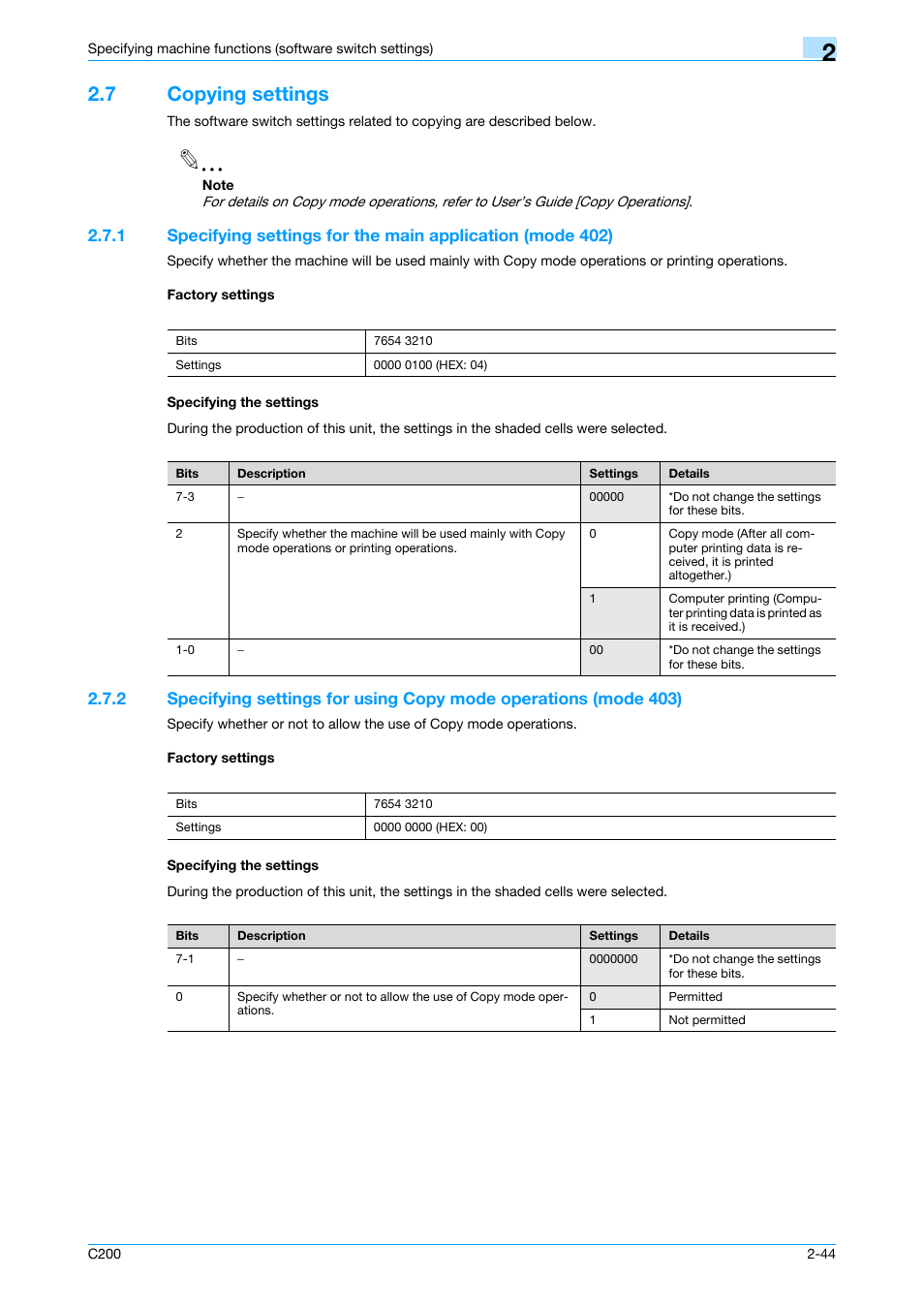 7 copying settings, Factory settings, Specifying the settings | Copying settings -44, P. 2-44 | Konica Minolta bizhub C200 User Manual | Page 93 / 167