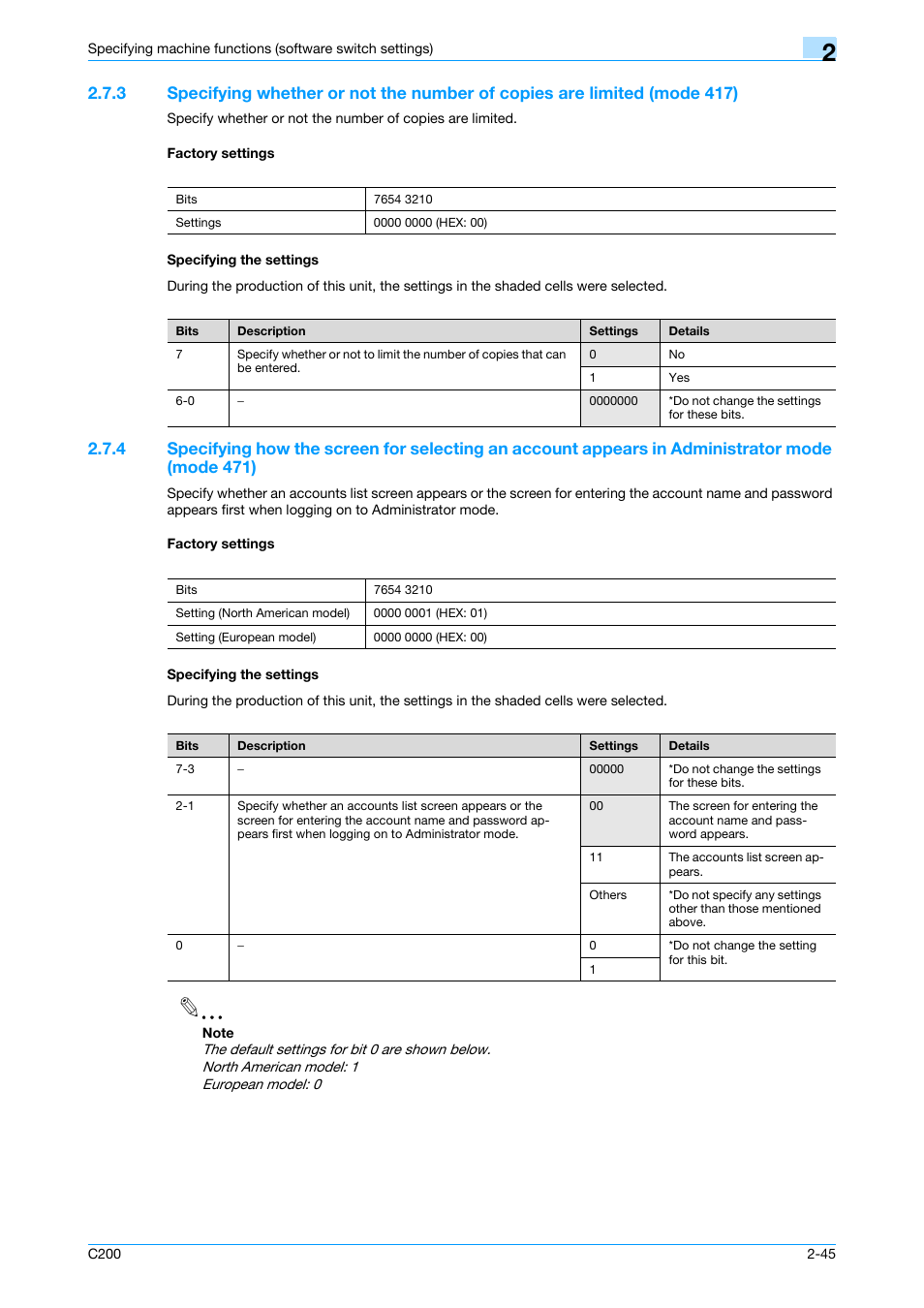 Factory settings, Specifying the settings, P. 2-45 | Konica Minolta bizhub C200 User Manual | Page 94 / 167