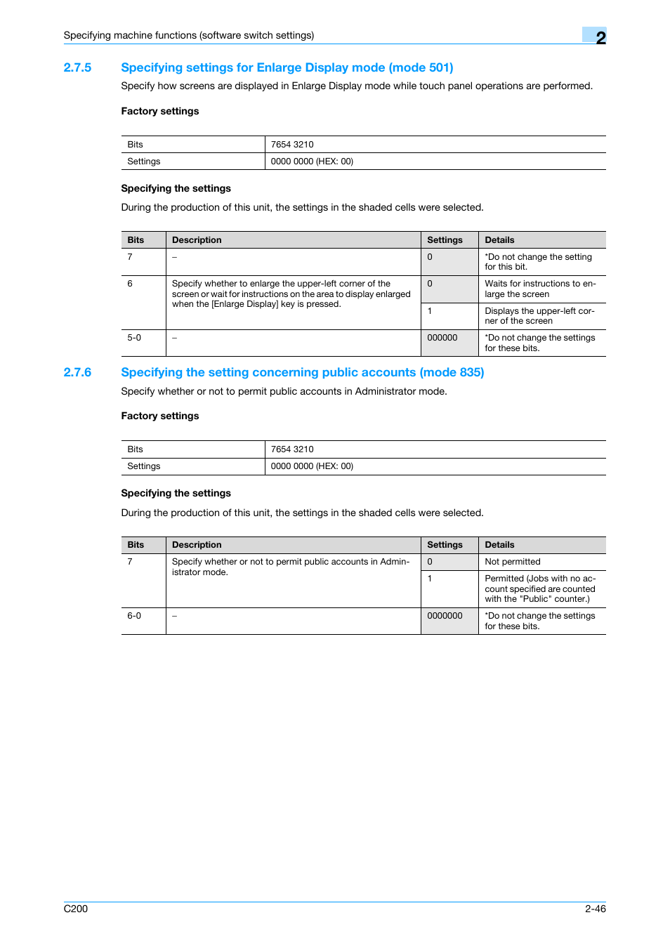 Factory settings, Specifying the settings, P. 2-46 | Konica Minolta bizhub C200 User Manual | Page 95 / 167