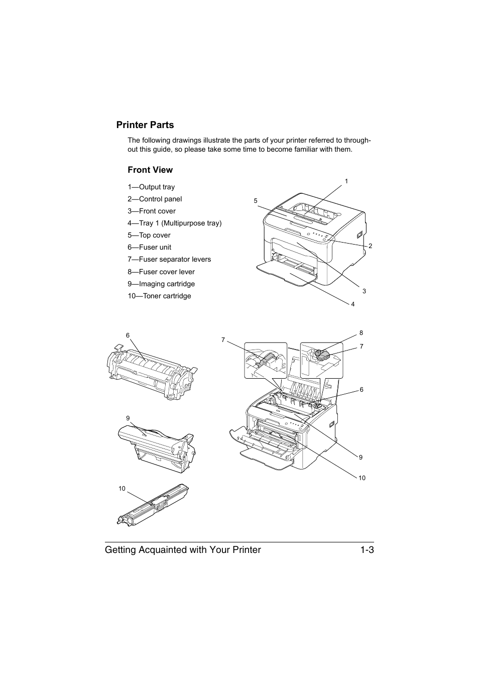 Printer parts, Front view, Printer parts -3 | Front view -3 | Konica Minolta magicolor 1600W User Manual | Page 12 / 125