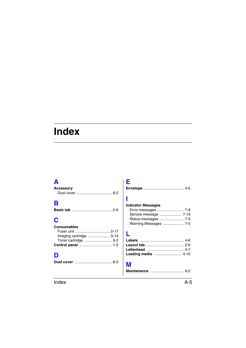 Index, A to m | Konica Minolta magicolor 1600W User Manual | Page 124 / 125