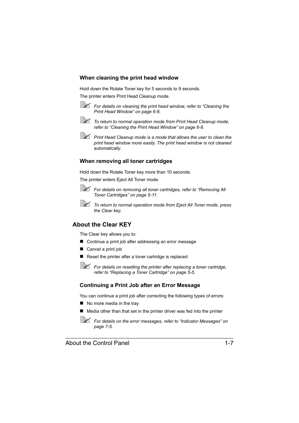 When cleaning the print head window, When removing all toner cartridges, About the clear key | Continuing a print job after an error message, About the clear key -7, Continuing a print job after an error message -7 | Konica Minolta magicolor 1600W User Manual | Page 16 / 125