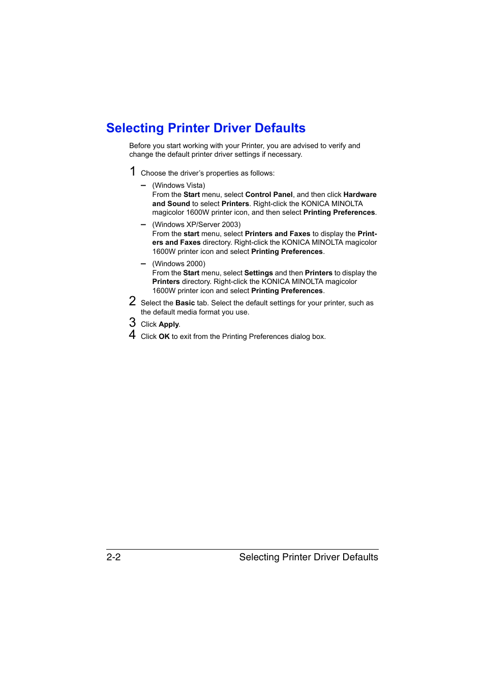 Selecting printer driver defaults, Selecting printer driver defaults -2 | Konica Minolta magicolor 1600W User Manual | Page 21 / 125