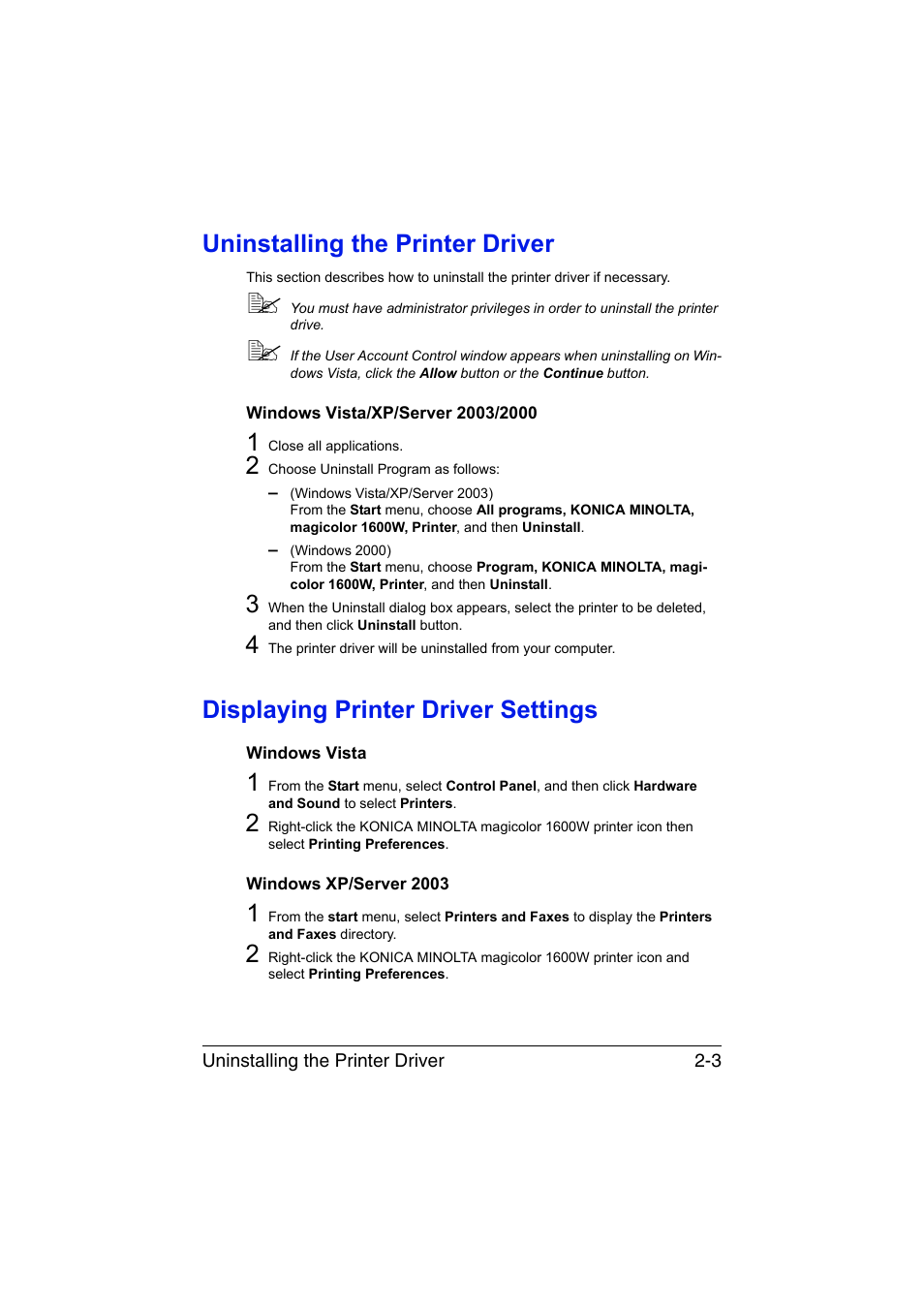 Uninstalling the printer driver, Windows vista/xp/server 2003/2000, Displaying printer driver settings | Windows vista, Windows xp/server 2003, Uninstalling the printer driver -3, Windows vista/xp/server 2003/2000 -3, Displaying printer driver settings -3, Windows vista -3 windows xp/server 2003 -3 | Konica Minolta magicolor 1600W User Manual | Page 22 / 125